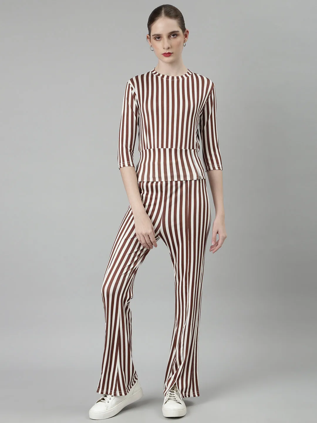 Women Brown Striped Tracksuit