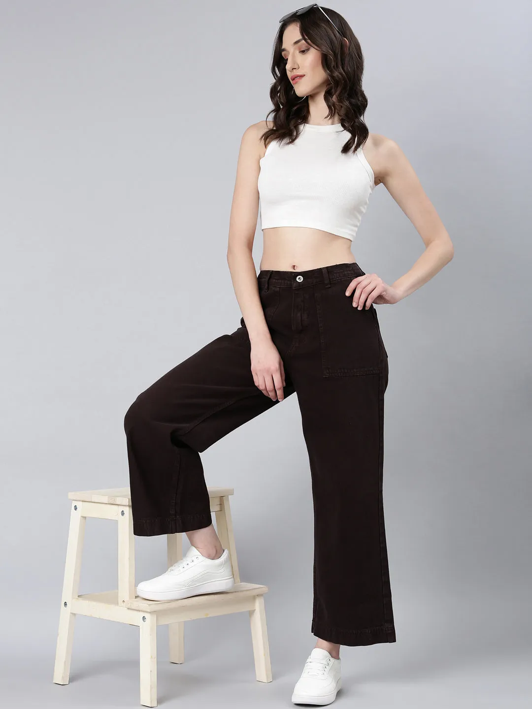 Women Coffee Brown Solid Wide Leg Denim Jeans