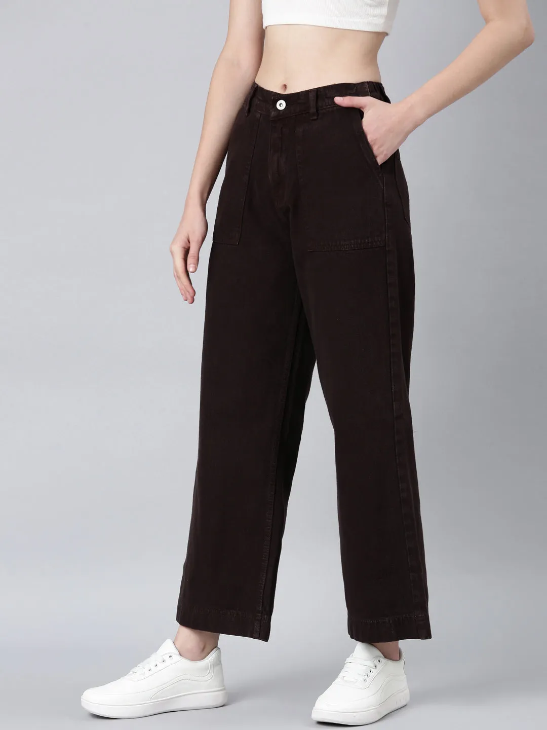 Women Coffee Brown Solid Wide Leg Denim Jeans