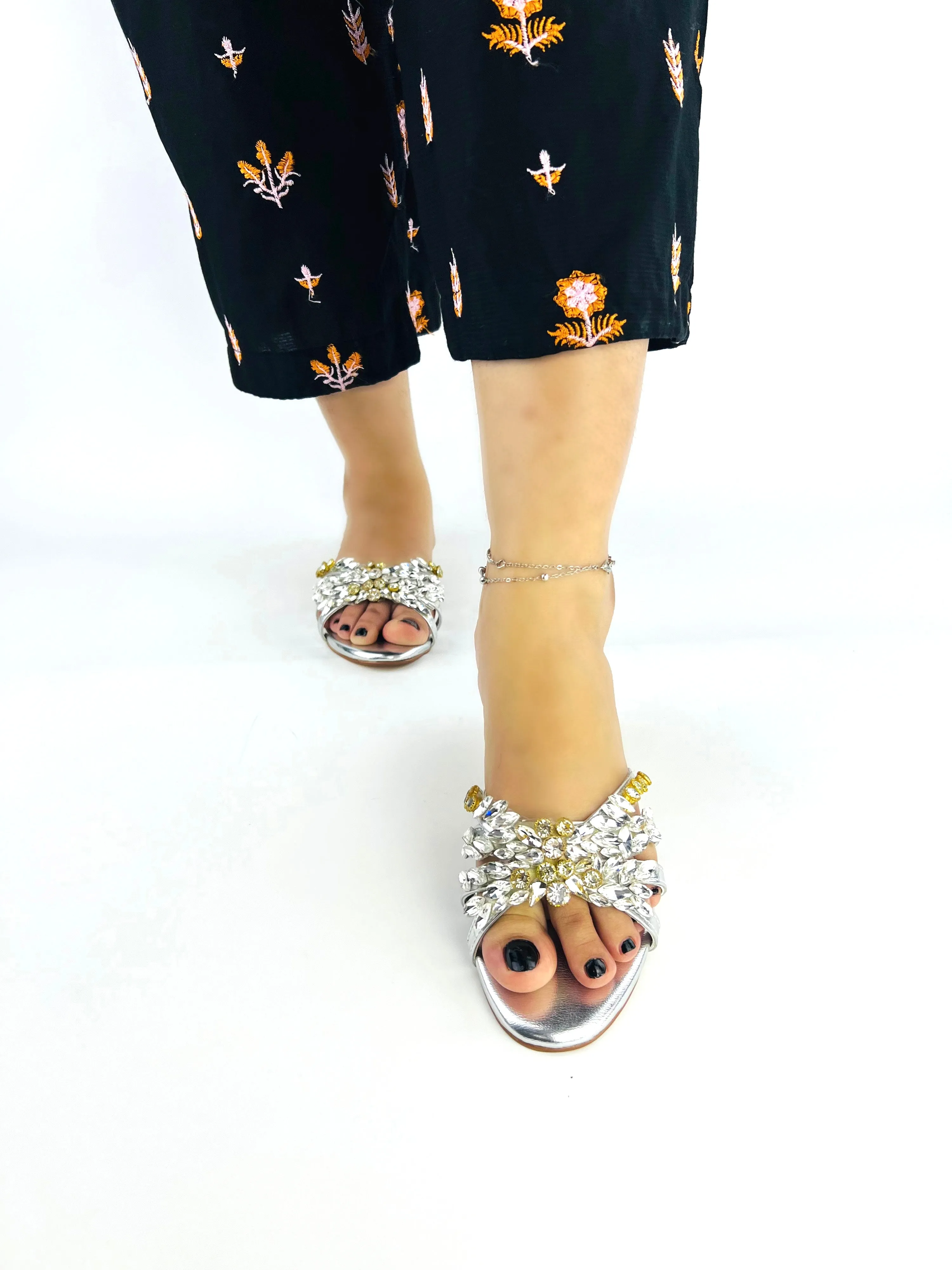 Women's Metallic Silver Rhinestone Embellished Flat Slides